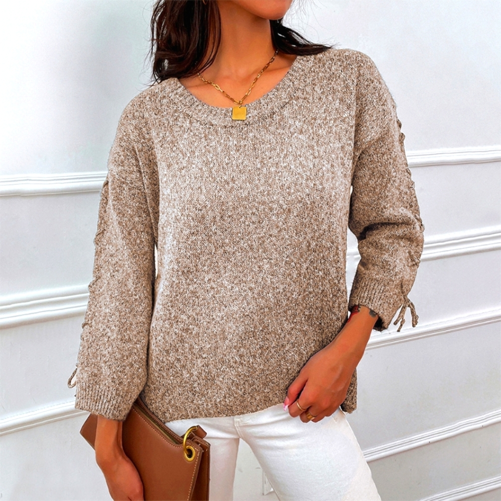 Shiny Lace-Up Long Sleeve Round Neck Sweater